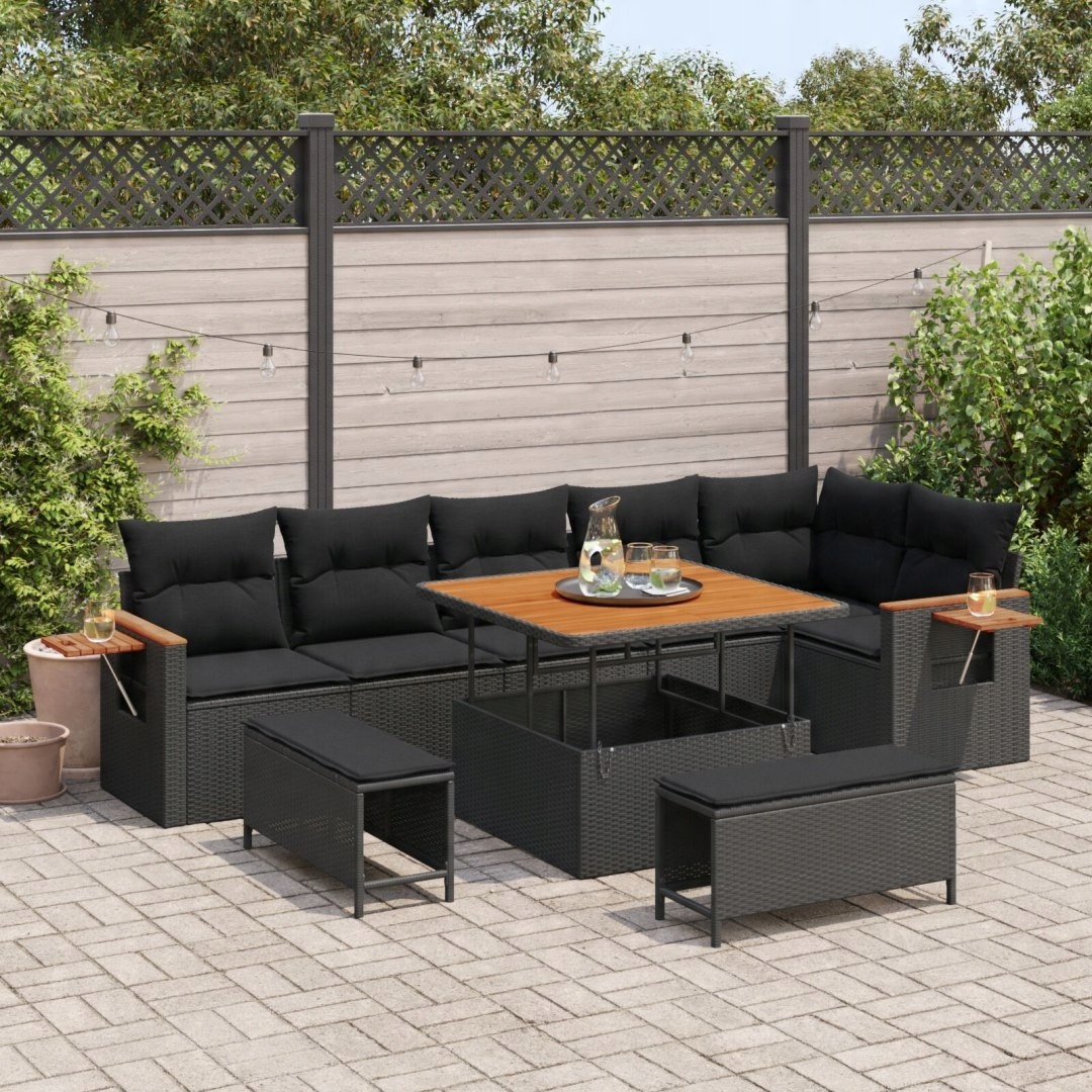 9-częściowy zestaw sof ogrodowych z poduszkami czarny rattan akacja – Idealne miejsce do relaksu na świeżym powietrzu