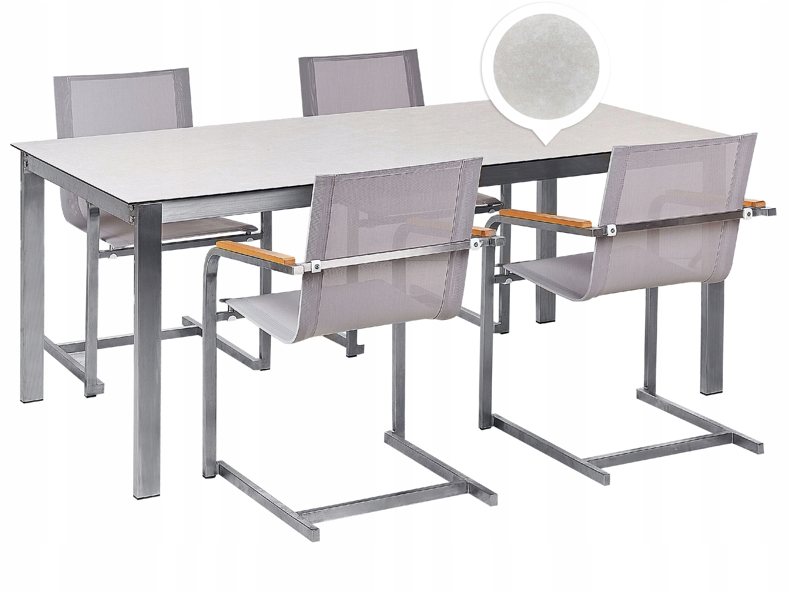 Zestaw ogrodowy stół szklany biały i 4 krzesła beżowe COSOLETO – Idealne miejsce spotkań w Twoim ogrodzie