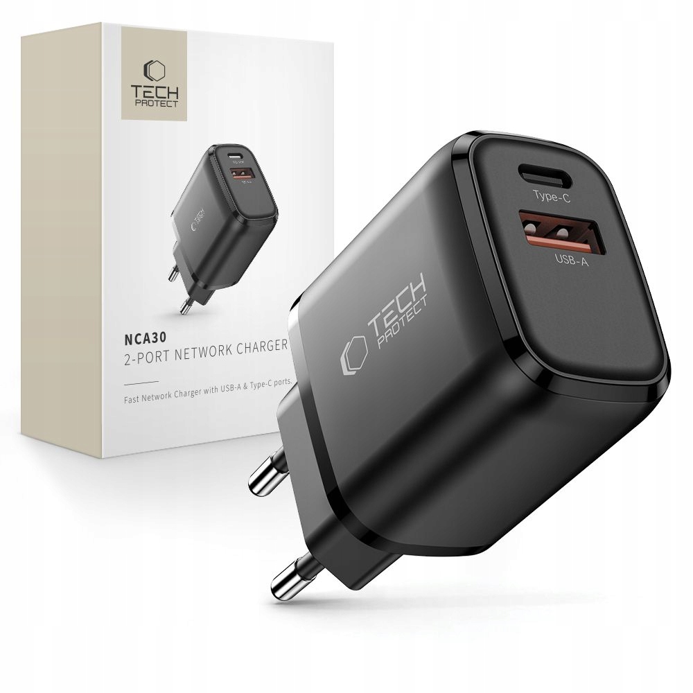 TECH-PROTECT NCA30 2-PORT NETWORK CHARGER PD 30W / QC3.0 BLACK – Szybkie ładowanie dla dwóch urządzeń