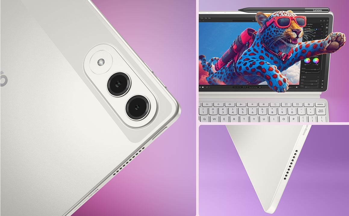 Trzy zdjęcia tabletu Yoga Tab z różnych stron pokazujące elegancki design i smukły kształt