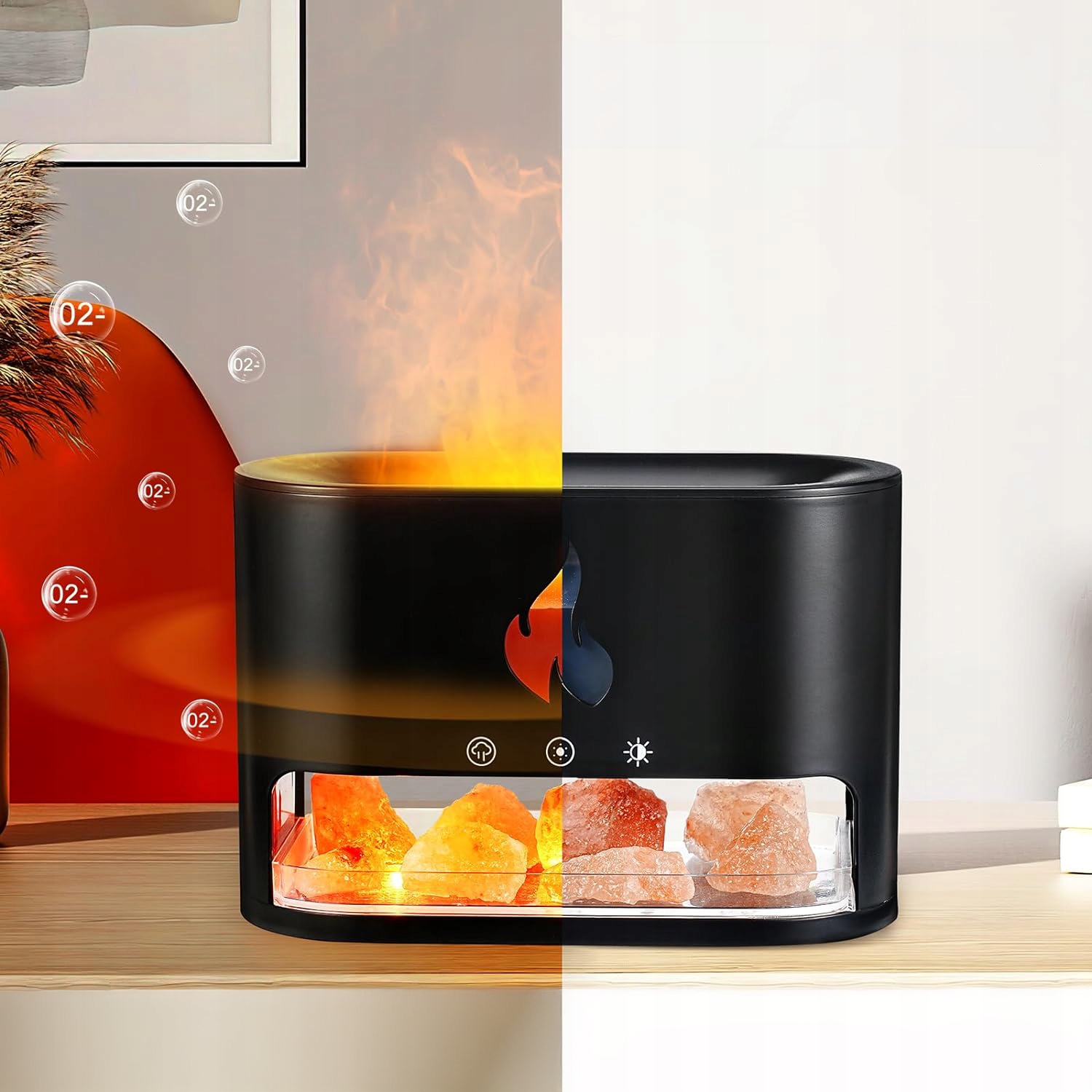 Nawilżacz Powietrza Kominek Lampka Nocna Efekt Płomienia LED Dyfuzor Sól – Innowacyjne rozwiązanie dla Twojego domu