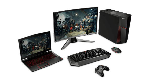 Lenovo Legion Y520 Desktop, alongside monitor, keyboard, mouse, and gaming controller