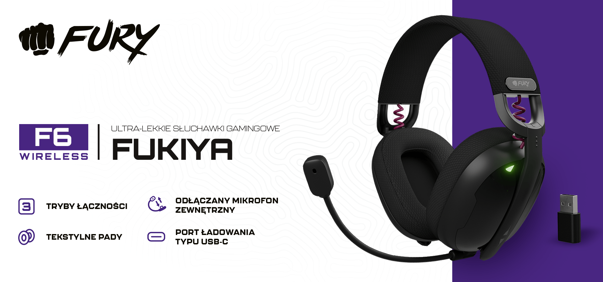 Bezprzewodowe czarne słuchawki nauszne FURY FUKIYA F6 z odłączanym mikrofonem i portem ładowania USB-C, idealne do gier