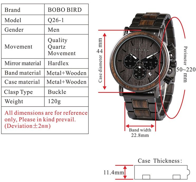 Drewniany zegarek Bobo Bird Max Dark Q26-1 parametry