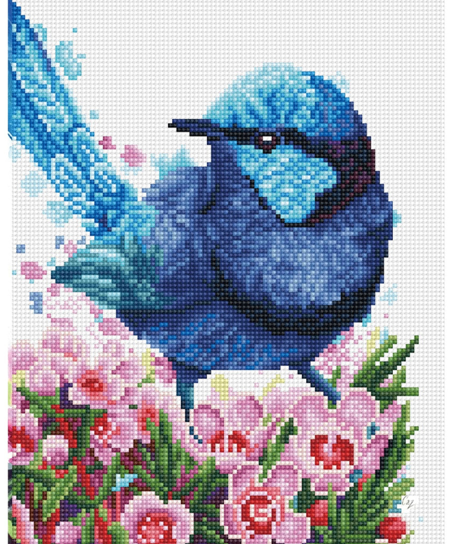 Haft diamentowy Diamond Dotz Diamentowa mozaika Niebieski ptaszek w kwiatach Splendid Fairy Wren – Kreatywna zabawa dla każdego