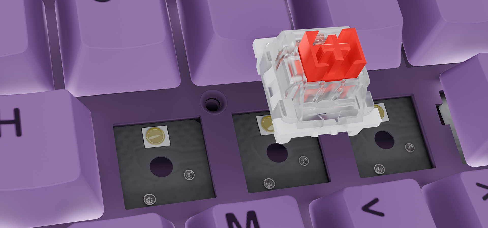 Czerwony przełącznik klawiatury mechanicznej umieszczony nad fioletowym obszarem klawiszy.