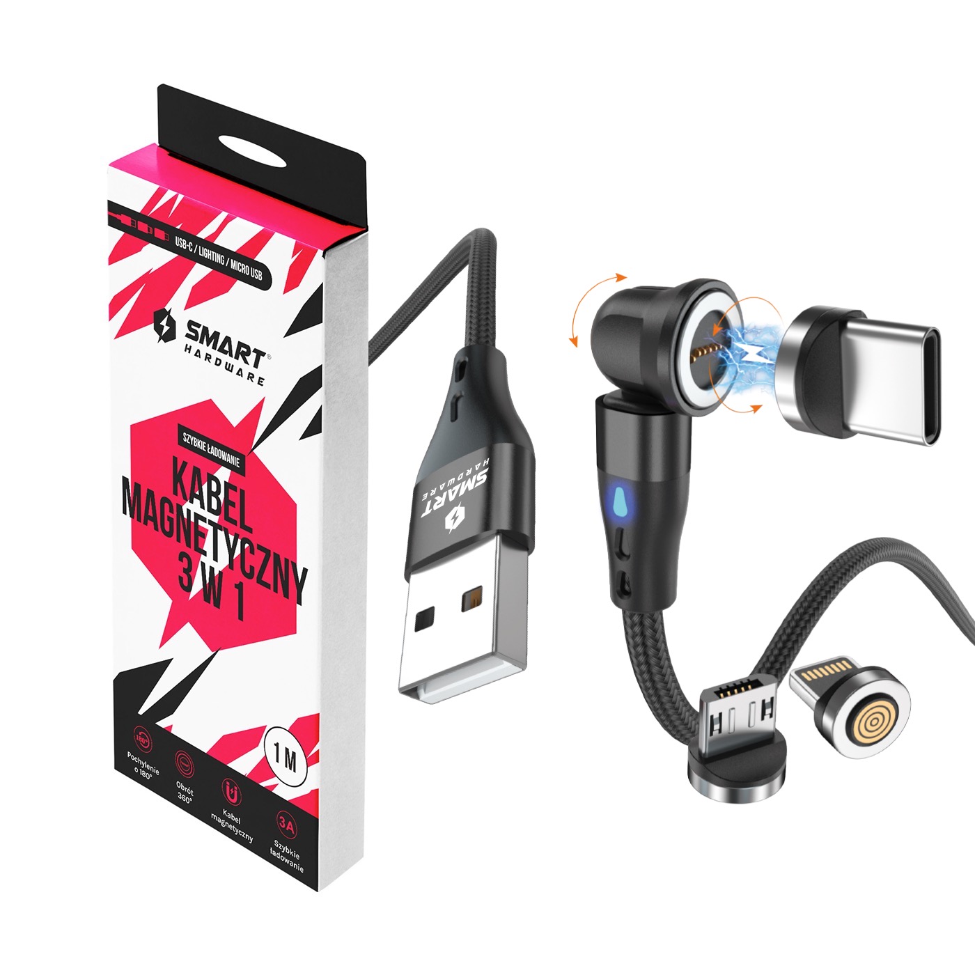 Smart Hardware Kabel magnetyczny 3W1 3A 1M czarny – Nowoczesne ładowanie w Twoim zasięgu
