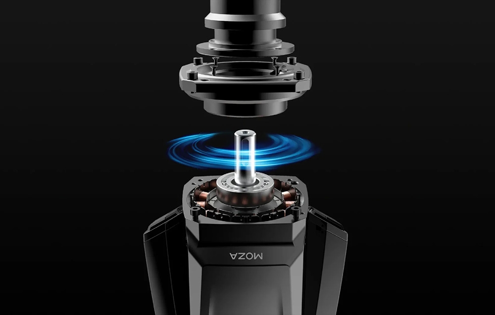 Mechanizm mocowania kierownicy w bazie MOZA Racing z widocznym silnikiem.