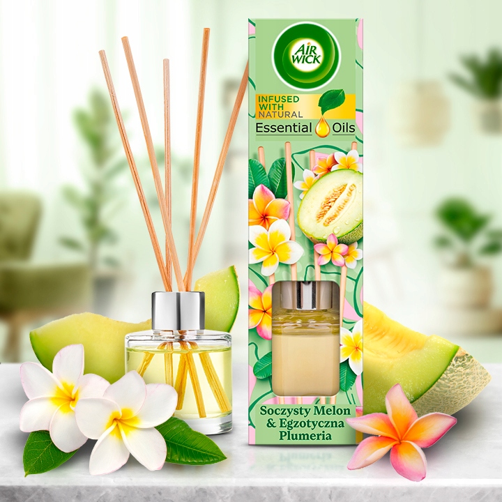 Air Wick Pachnące Patyczki Soczysty Melon & Egzotyczna Plumeria 40 ml – Zanurz się w rajskim aromacie