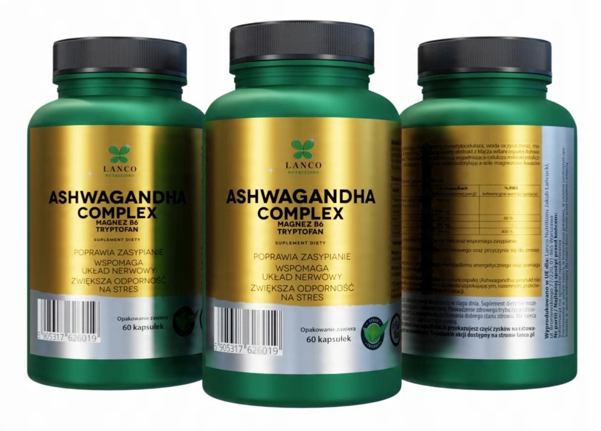 Unikalna kompozycja składników: Ashwagandha, L-Tryptofan, Magnez i Witamina B6