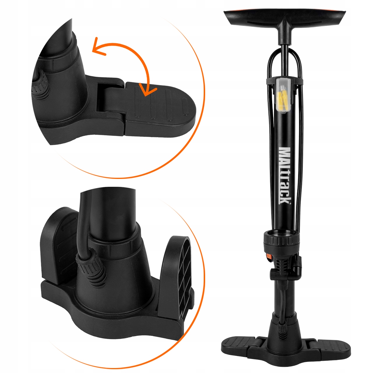 POMPKA ROWEROWA PODŁOGOWA Z MANOMETREM DO ROWERU PIŁKI MATERACA 3 KOŃCÓWKI Szerokość produktu 25 cm