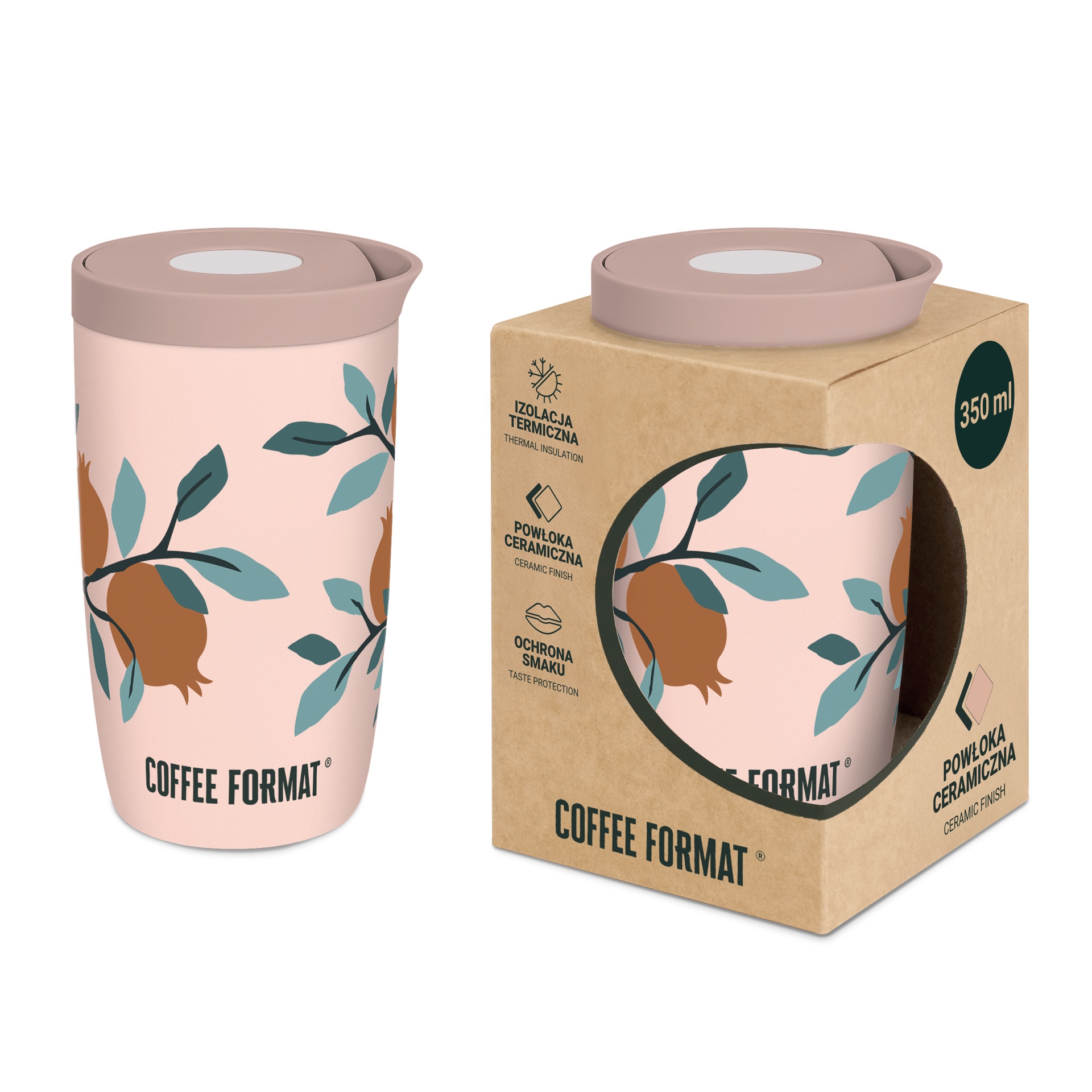 Coffee Format Różowy kubek termiczny z motywem roślin 350 ml – Elegancja i funkcjonalność w jednym