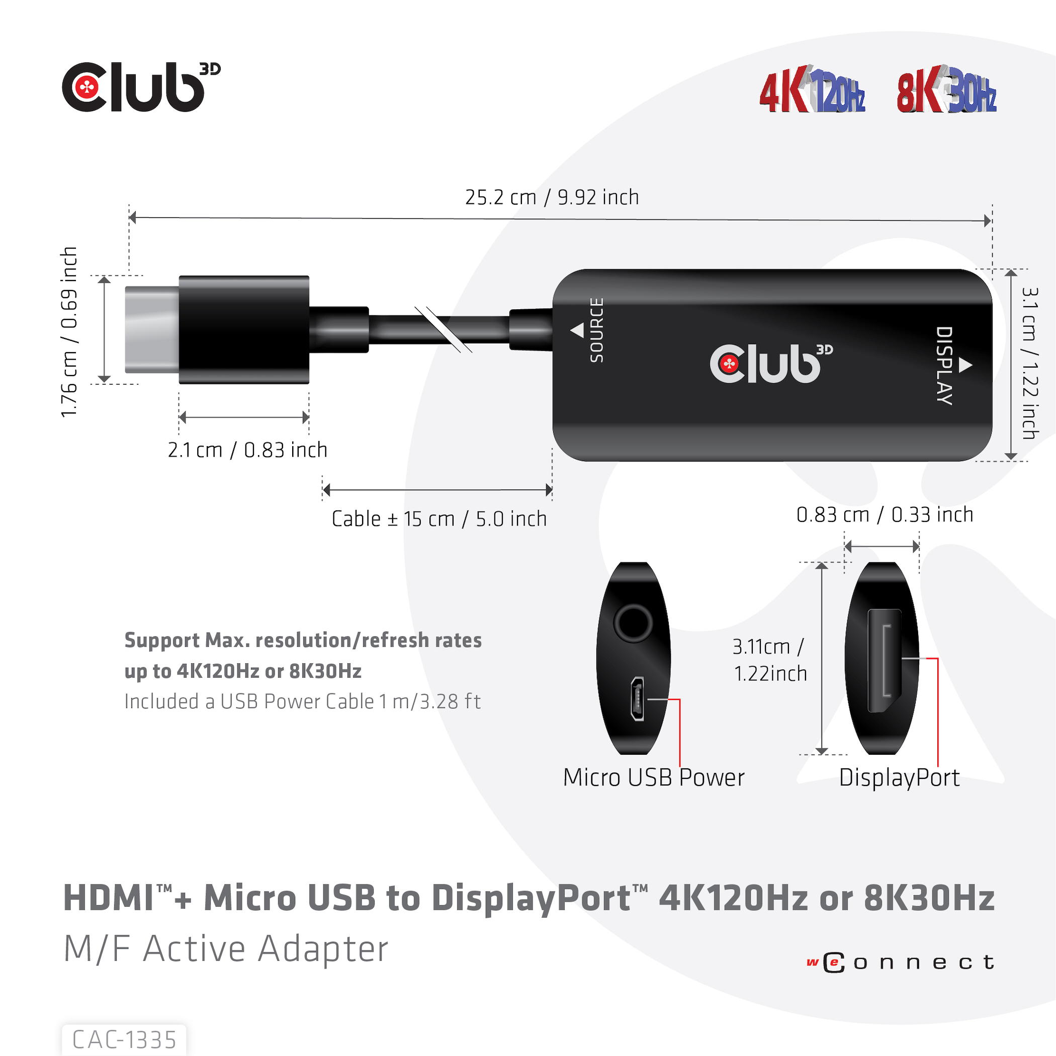 Club3D Adaptér HDMI + Micro USB na DisplayPort 4K120Hz/8K30Hz – Wysoka jakość obrazu