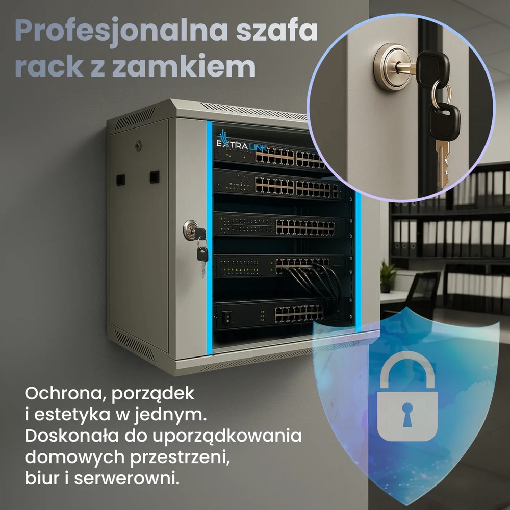 Biała szafa rack Extralink 9U z zamkiem, przedstawiona w biurze z grafiką symbolizującą bezpieczeństwo i estetykę instalacji
