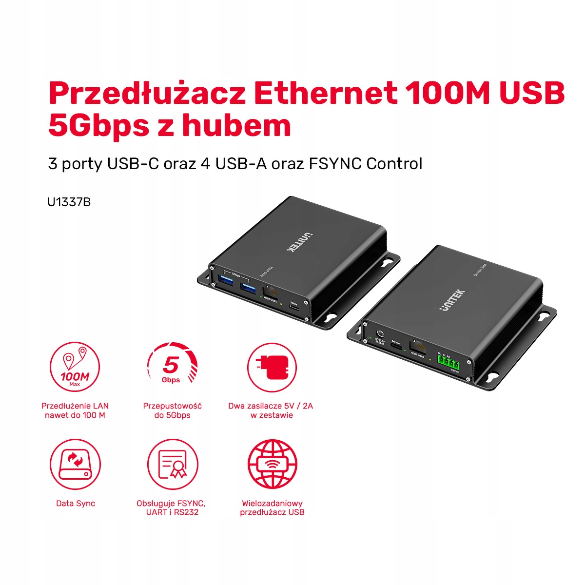 Unitek Przedłużacz USB 5 Gb/s 100 m przez Ethernet z hubem – Nowoczesne rozwiązanie dla Twojego biura