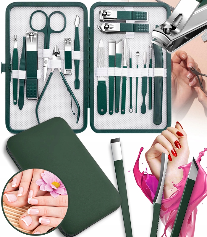 Zestaw do Manicure 18 Elementów Zielony – Profesjonalny i Przenośny