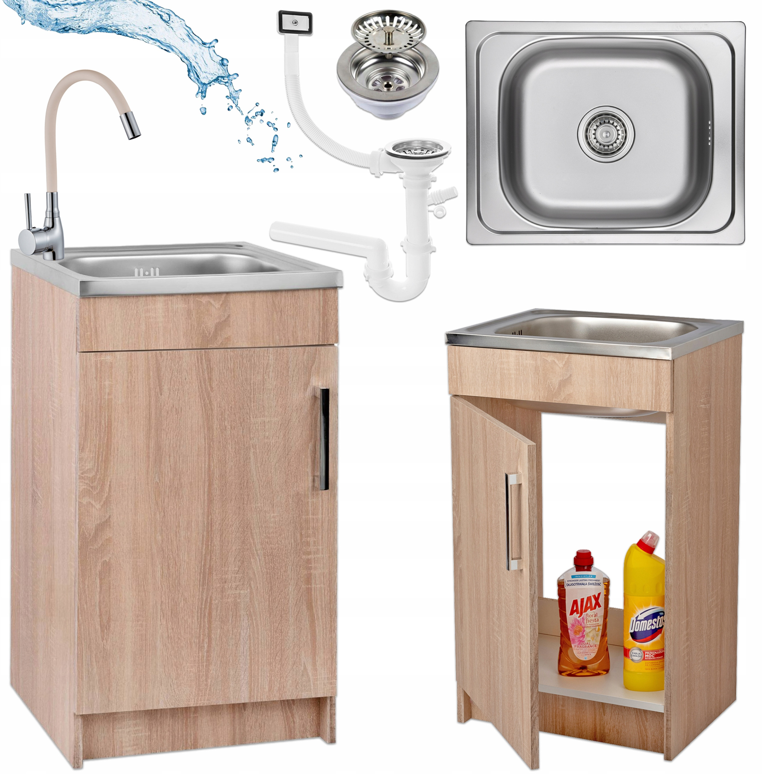 Szafka Kuchenna Sonoma 50 Slim Zlew Bateria Beż Elastyczna Syfon do Zmywarki – Idealne rozwiązanie do Twojej kuchni