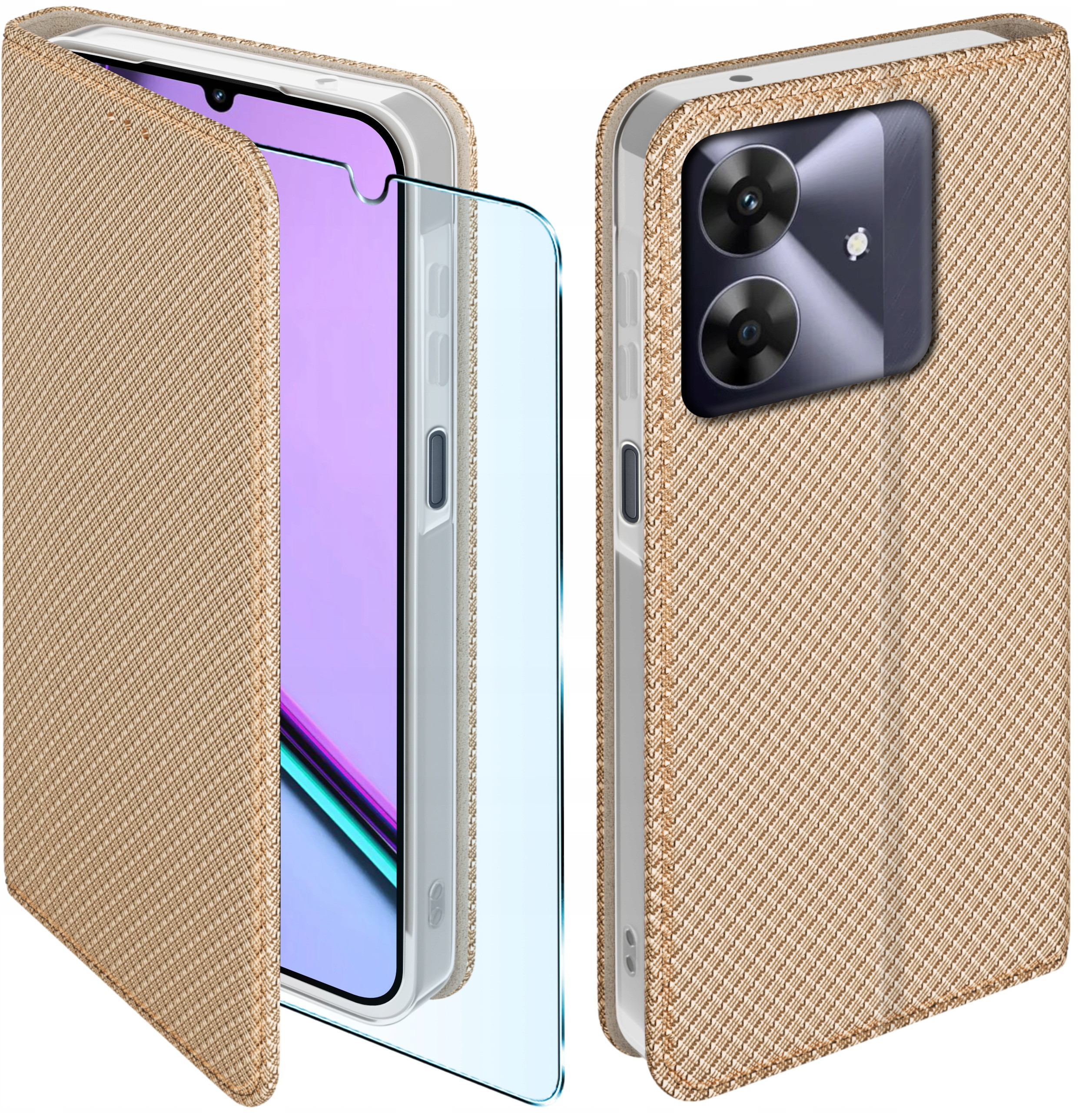 Etui z klapką do Realme Note 60 – Złote futerał z dodatkowym szkłem ochronnym