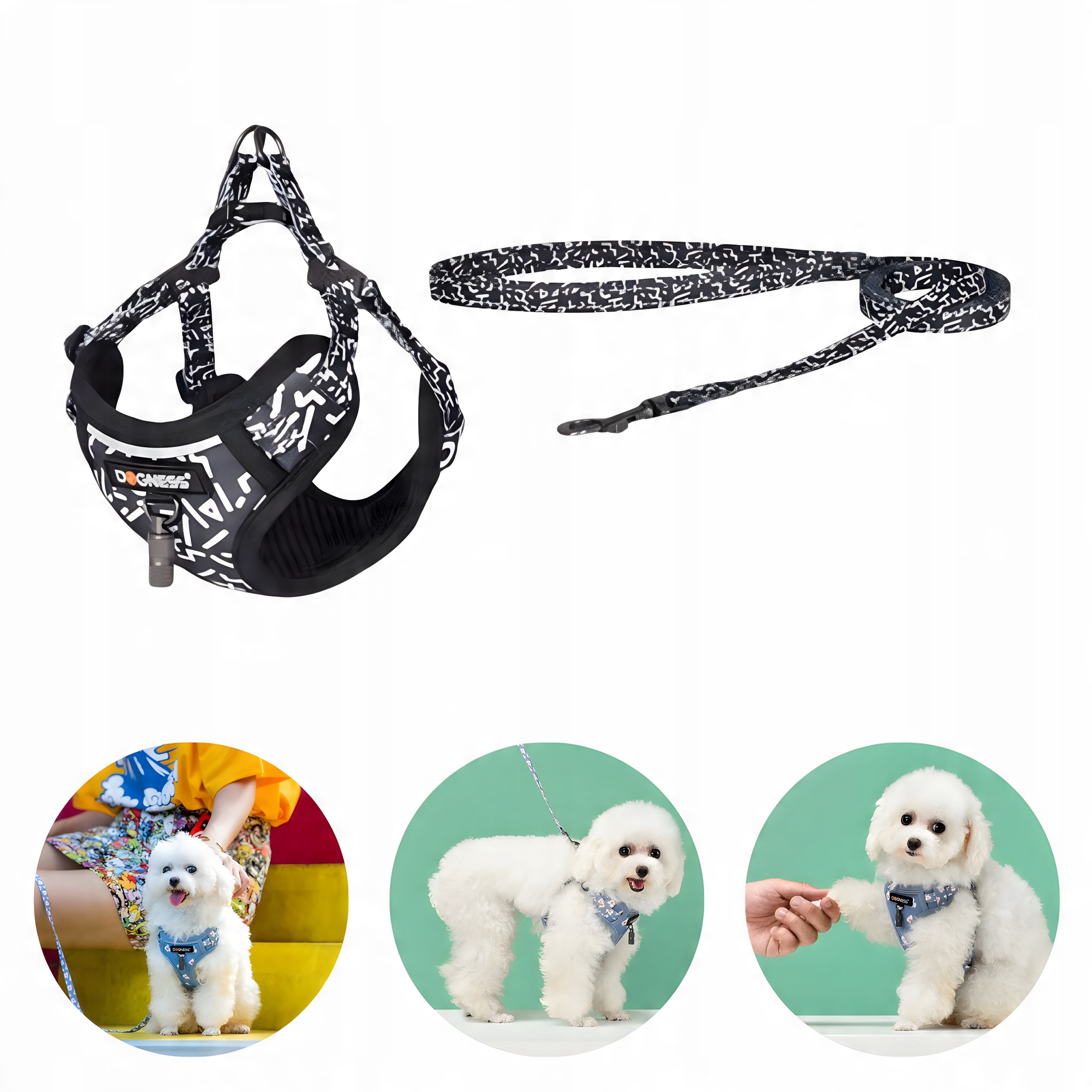 Zestaw spacerowy Dogness smycz 1,5m + szelki dla psa (czarno-biały) – Komfort i styl na spacerze