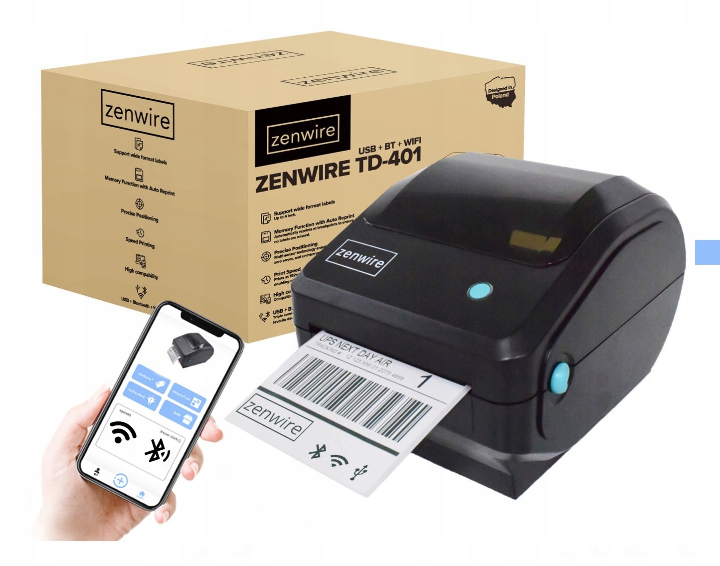 Mini Drukarka Termiczna Etykiet Kurierskich Samoprzylepnych 100x150 USB Bluetooth Wifi Zenwire TD-401 – Wydajność i Wszechstronność