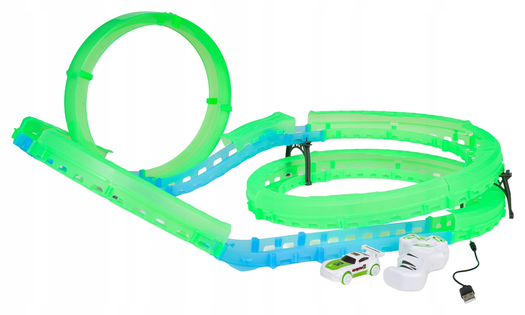 Zestaw zawierający pilot, samochodzik i elementy toru