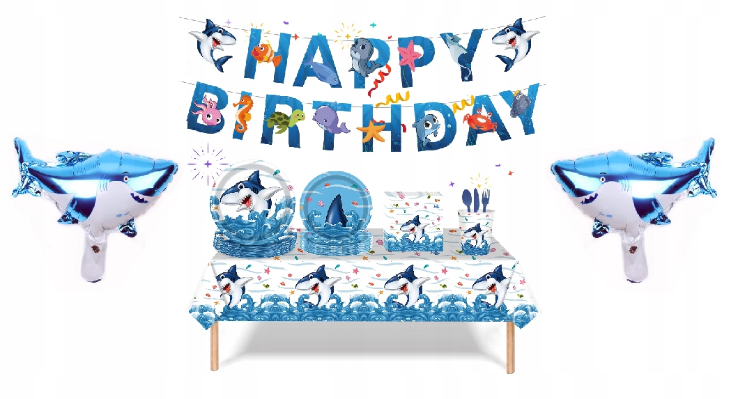 Zestaw Naczyń Jednorazowych Happy Birthday Urodziny Rekin Shark 121 el – Idealny na niezapomniane przyjęcia