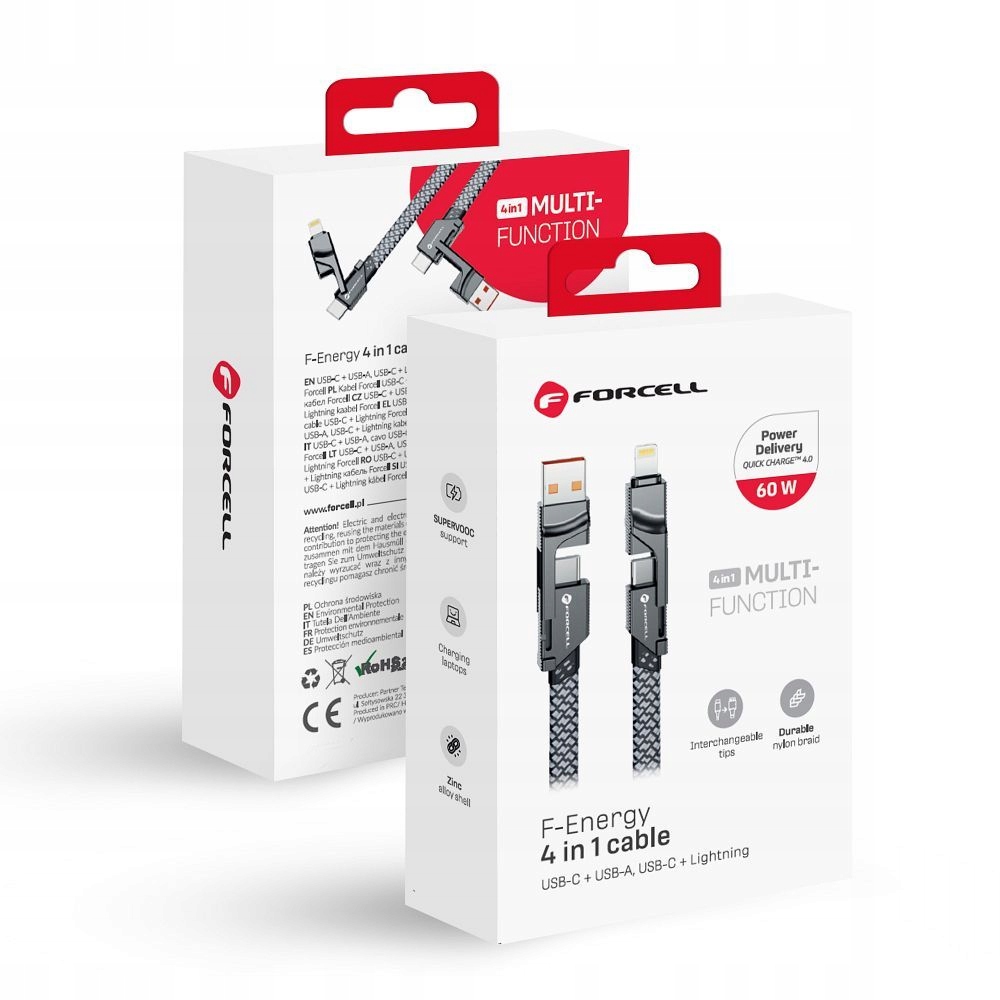 ForCell FORCELL F-ENERGY C241 4w1 kabel Typ C / USB A do Typ C / Lightning QC PD 3A 60W 1 m – Uniwersalne rozwiązanie do ładowania