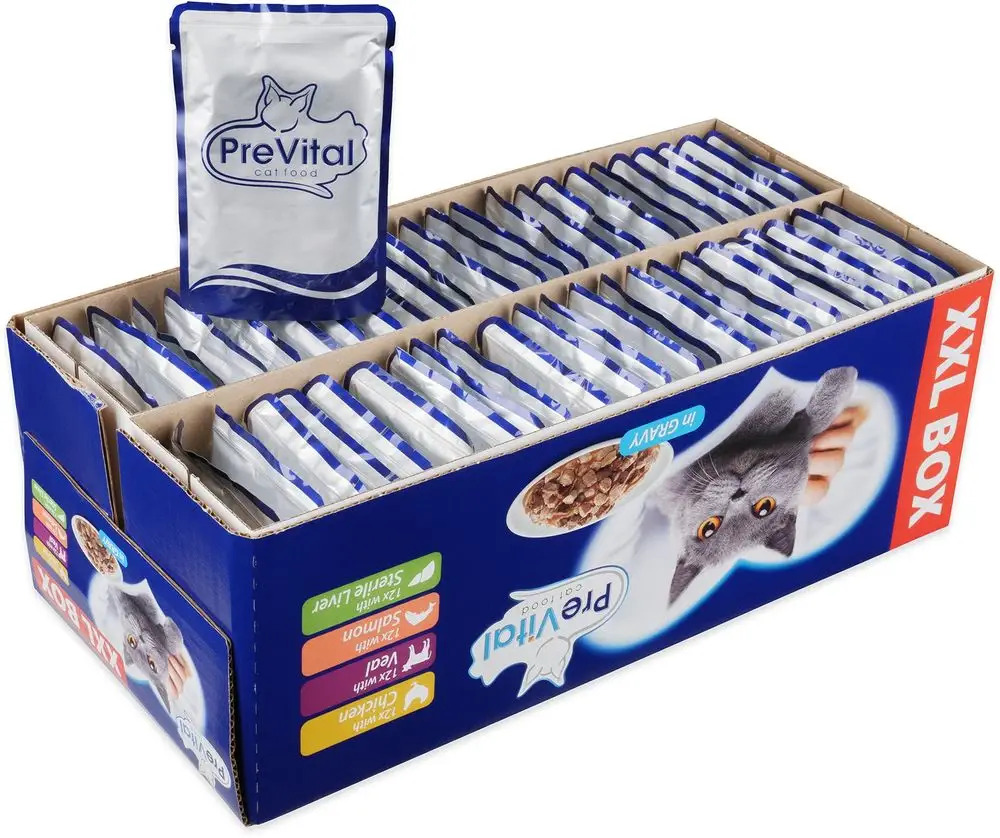 PREVITAL - Z kurczakiem, cielęciną, łososiem i wątróbką w sosie - karma dla kota 48x100g