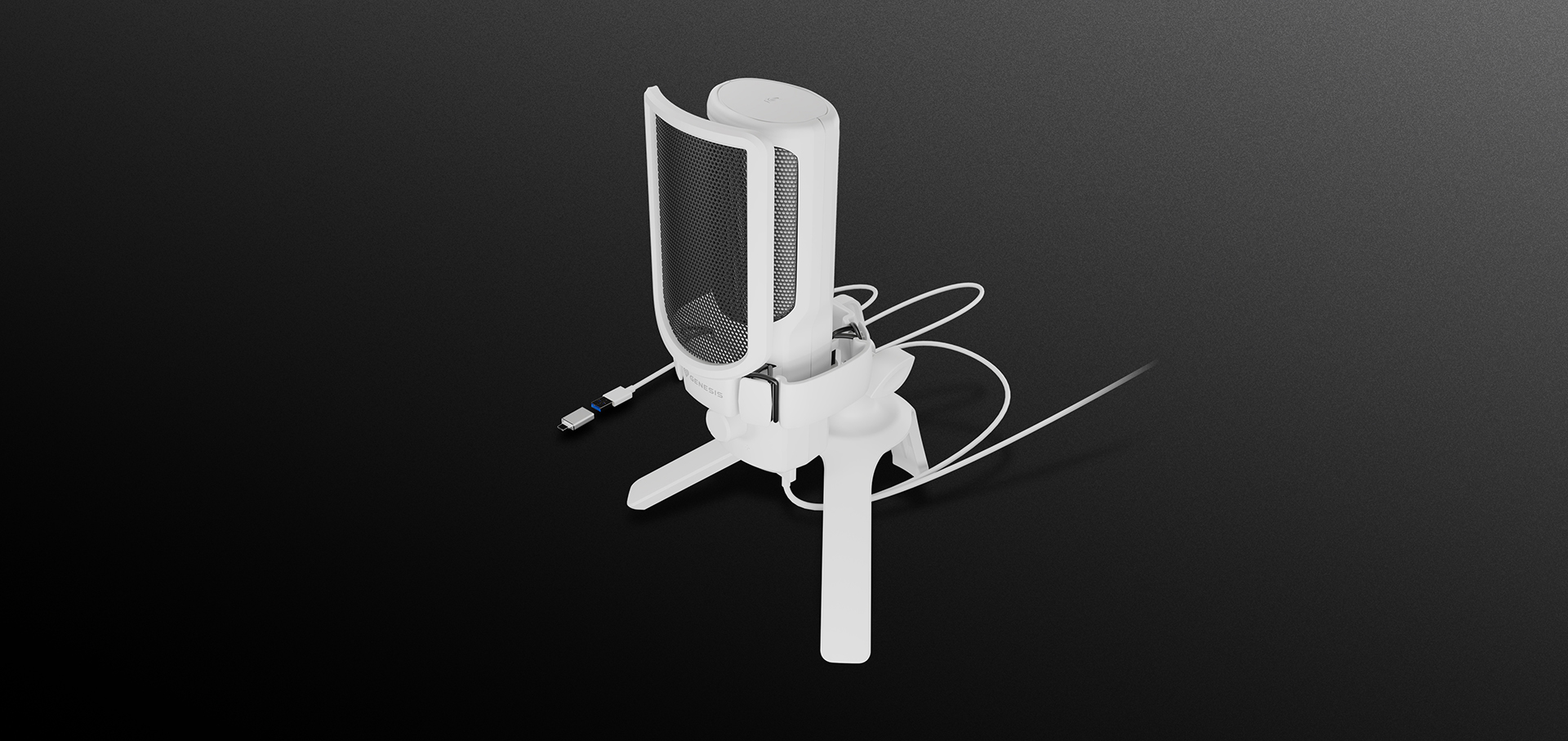Biały mikrofon USB z siatkowym przodem i trójnożnym stojakiem, wyposażony w podłączony kabel USB