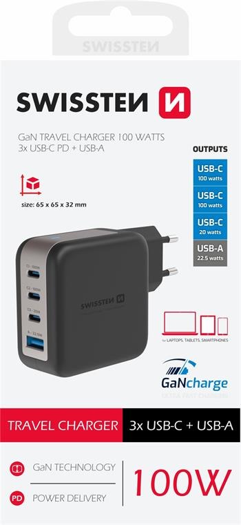 Swissten Travel Charger GaN 3x USB-C PD 100W / USB-A 18W QC – Szybkie ładowanie dla Twoich urządzeń