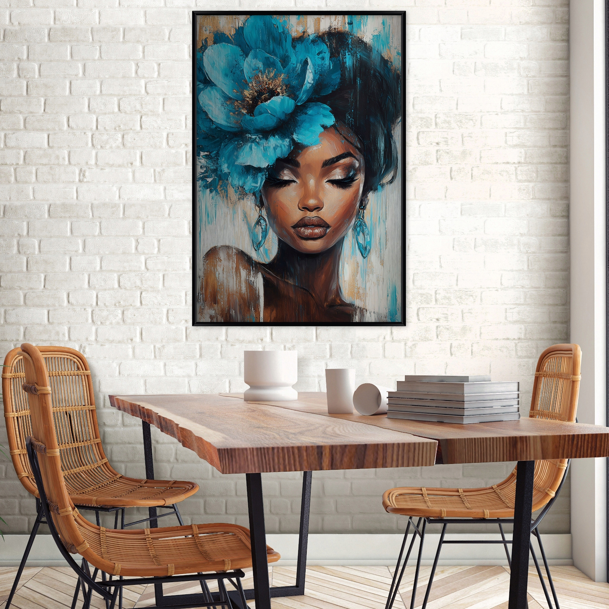 Obraz W Ramie Na Metalu Kobieta Kwiaty Do Sypialni Salonu 100x150 – Elegancja w Twoim Wnętrzu