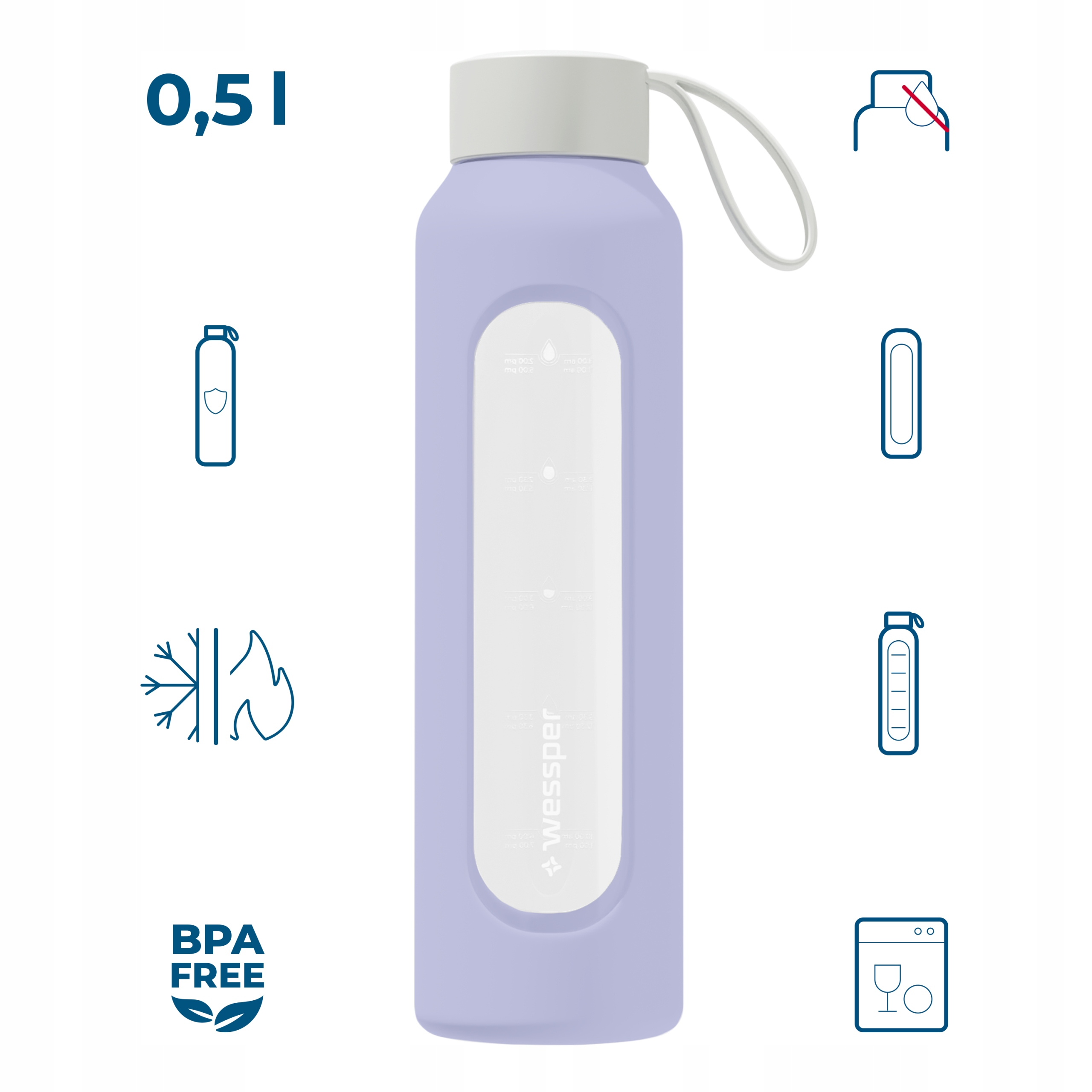 Szklana butelka Wessper B1 Borosilicate 500ml – Lawendowy styl i funkcjonalność