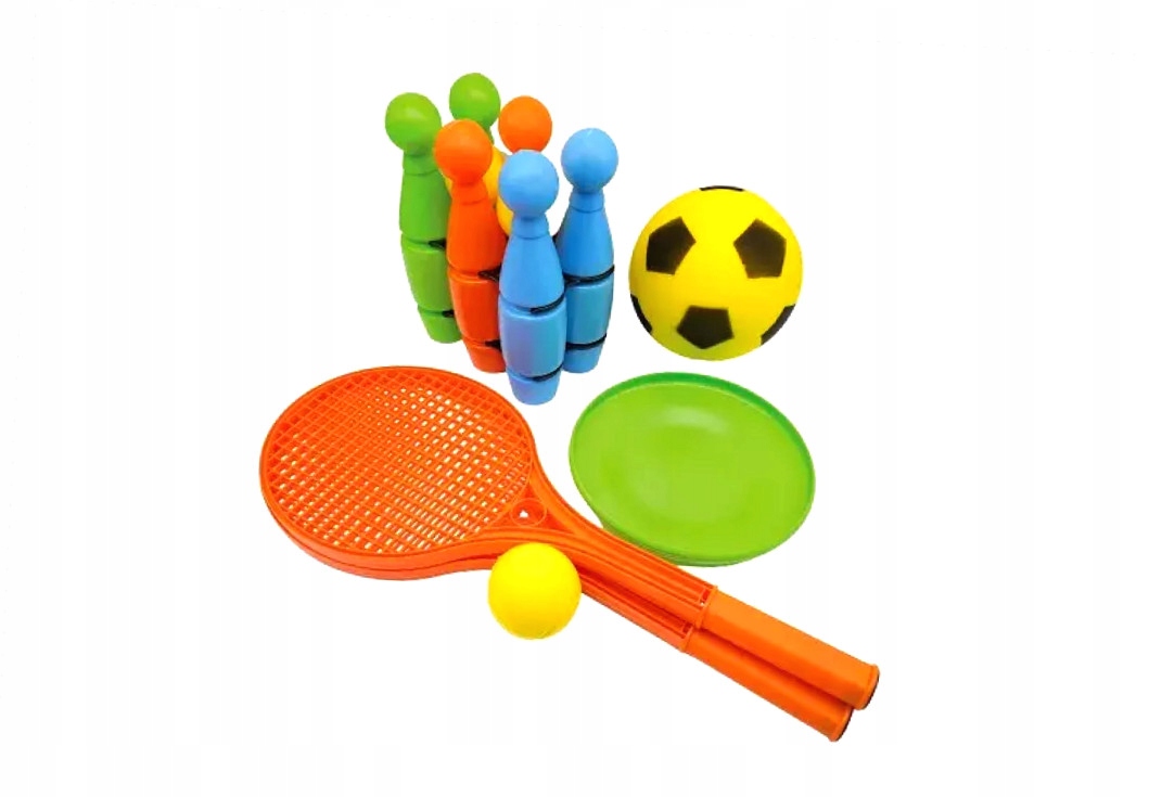 Zestaw gier na świeżym powietrzu – tenis, piłka, frisbee i gra w kręgle
