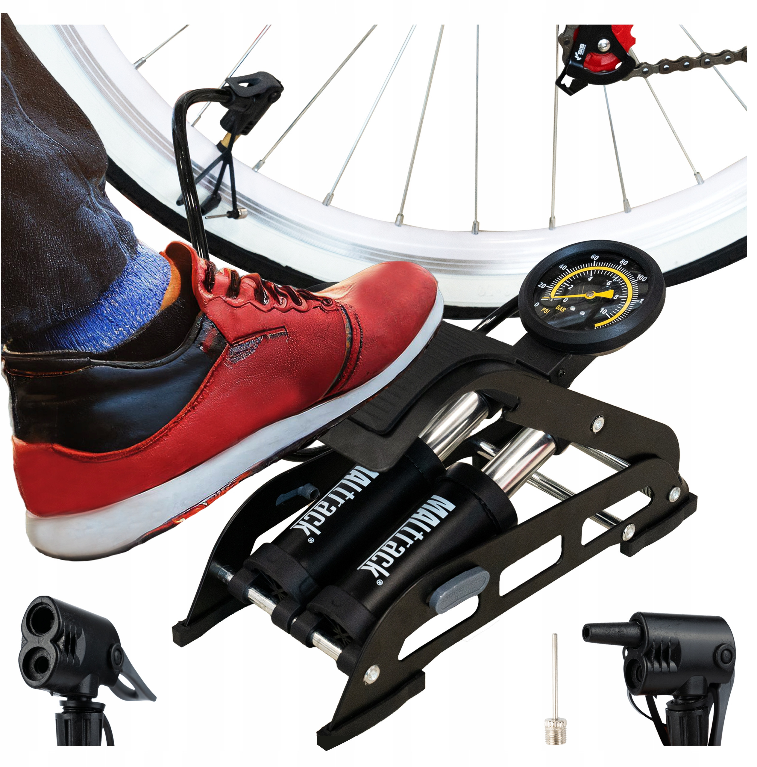 POMPKA ROWEROWA NOŻNA Z MANOMETREM DWUTŁOKOWA DO ROWERU SAMOCHODU MATERACA