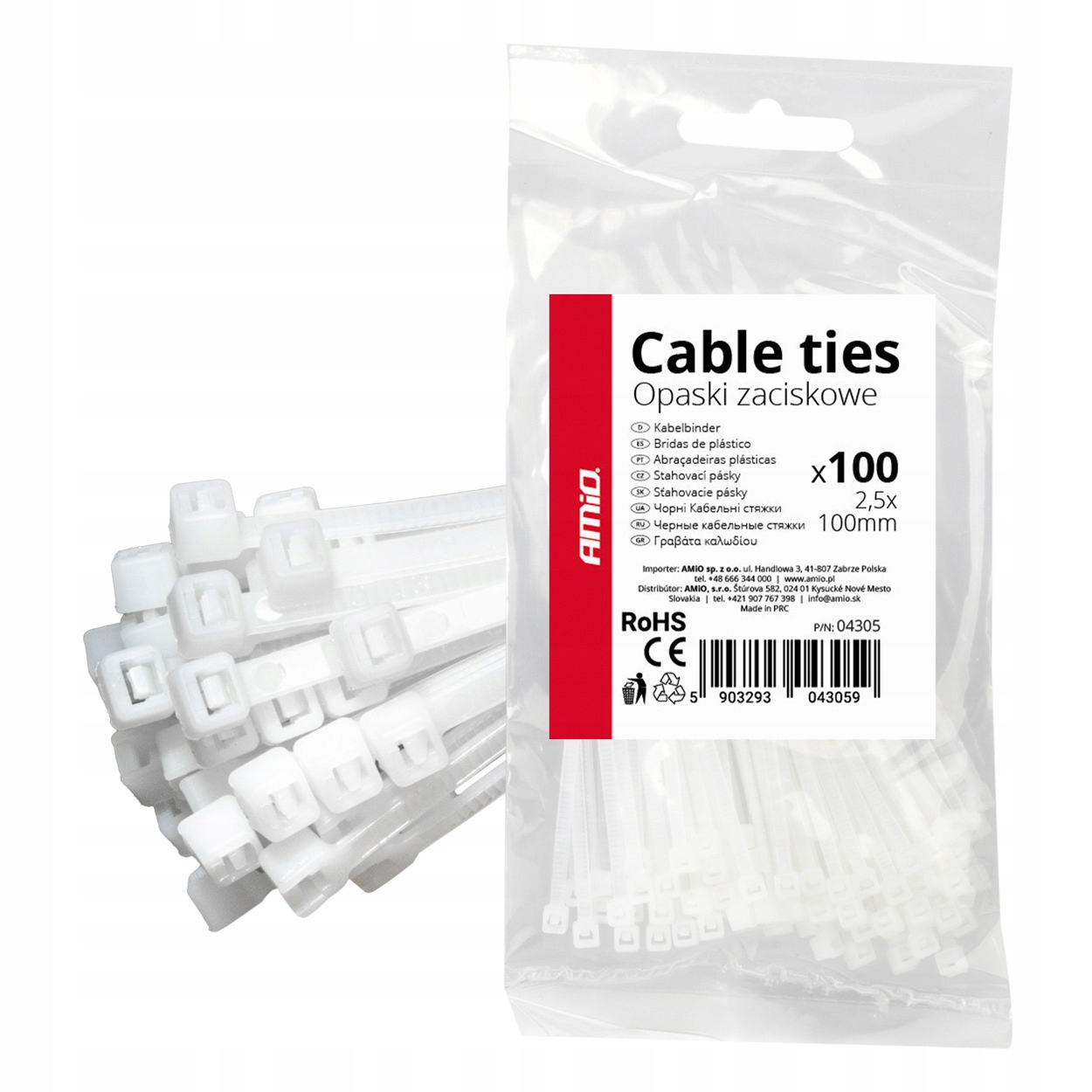 Opaski zaciskowe białe 2.5×100mm 100 szt. AMIO-04305 – Idealne do organizacji kabli