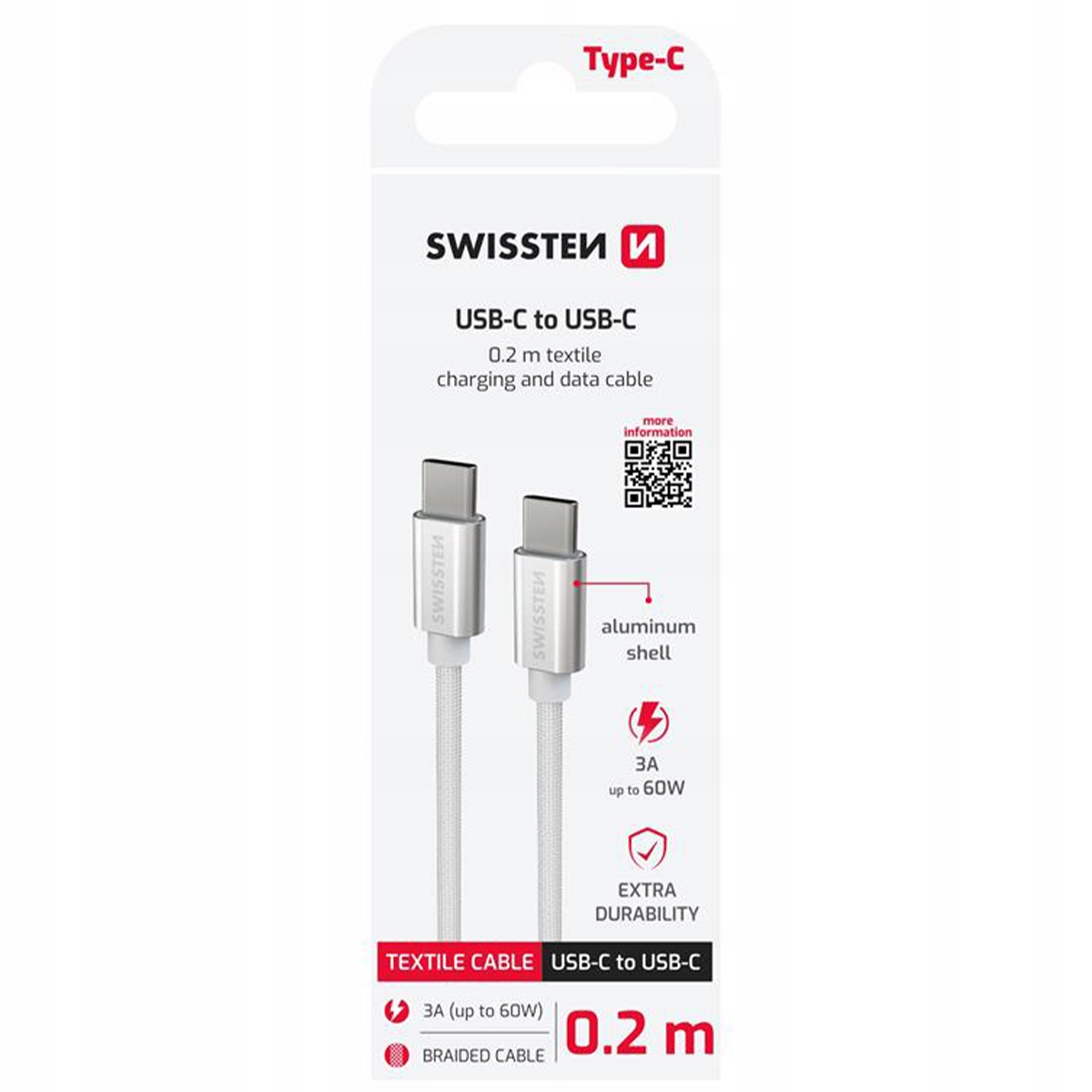 Swissten Textile Universal Quick Charge 3.1 USB-C / USB-C Data and Charging Cable 0.2m – Szybkie ładowanie i transfer danych