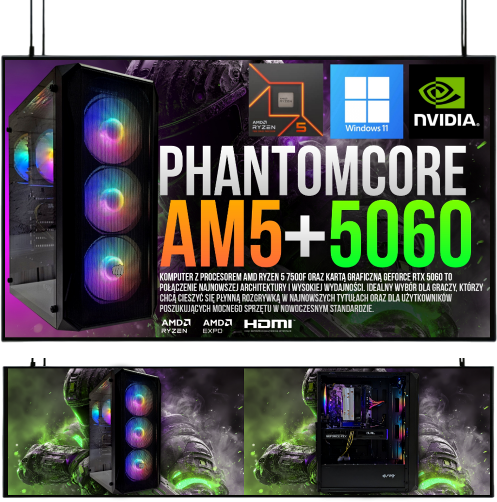 ZESTAW GAMINGOWY PHANTOMCORE Ryzen 5 7500F 32GB RTX 5060 8GB +Wi-Fi +WIN11