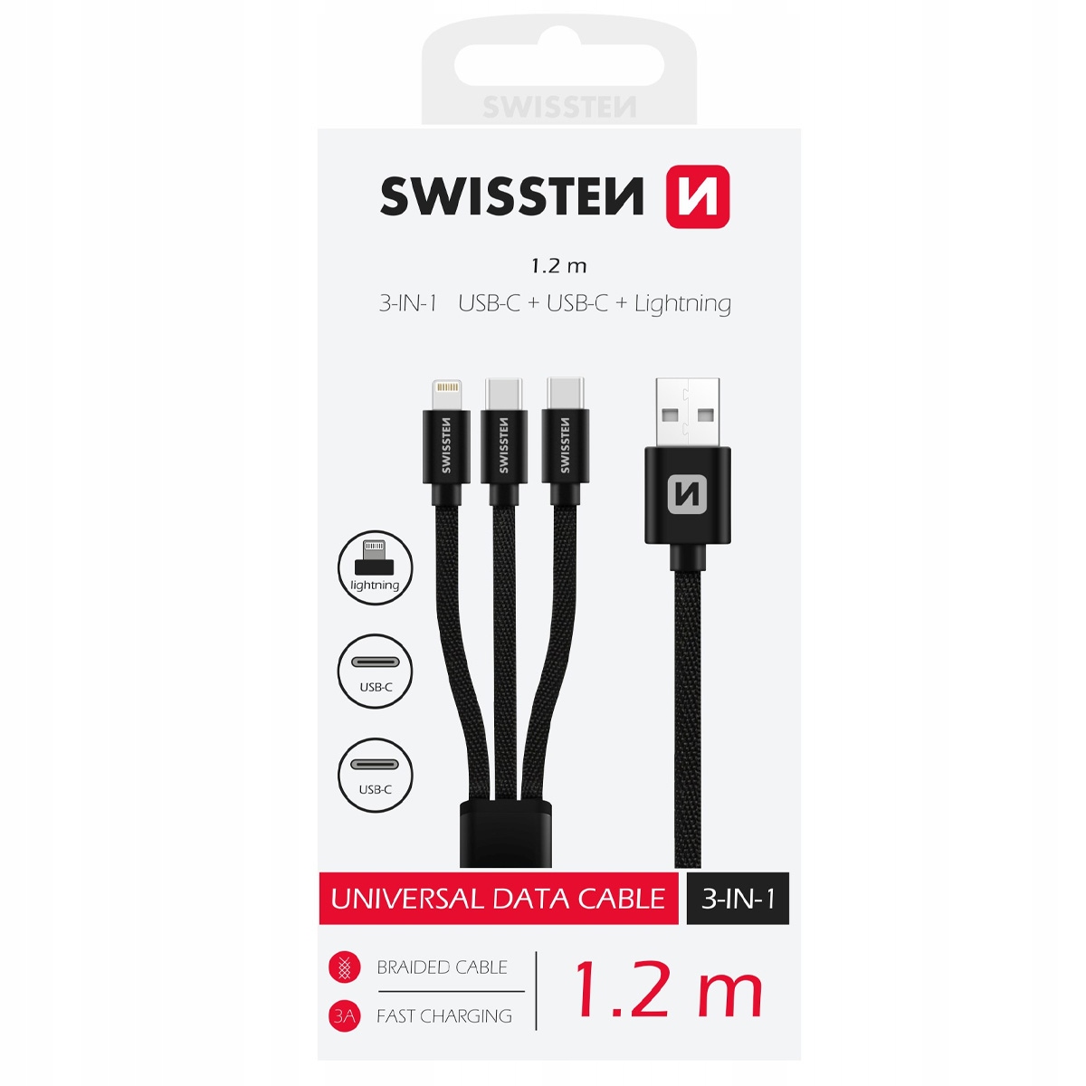 Swissten 3in1 Textile Data Cable 1.2m – Wszechstronny kabel do ładowania