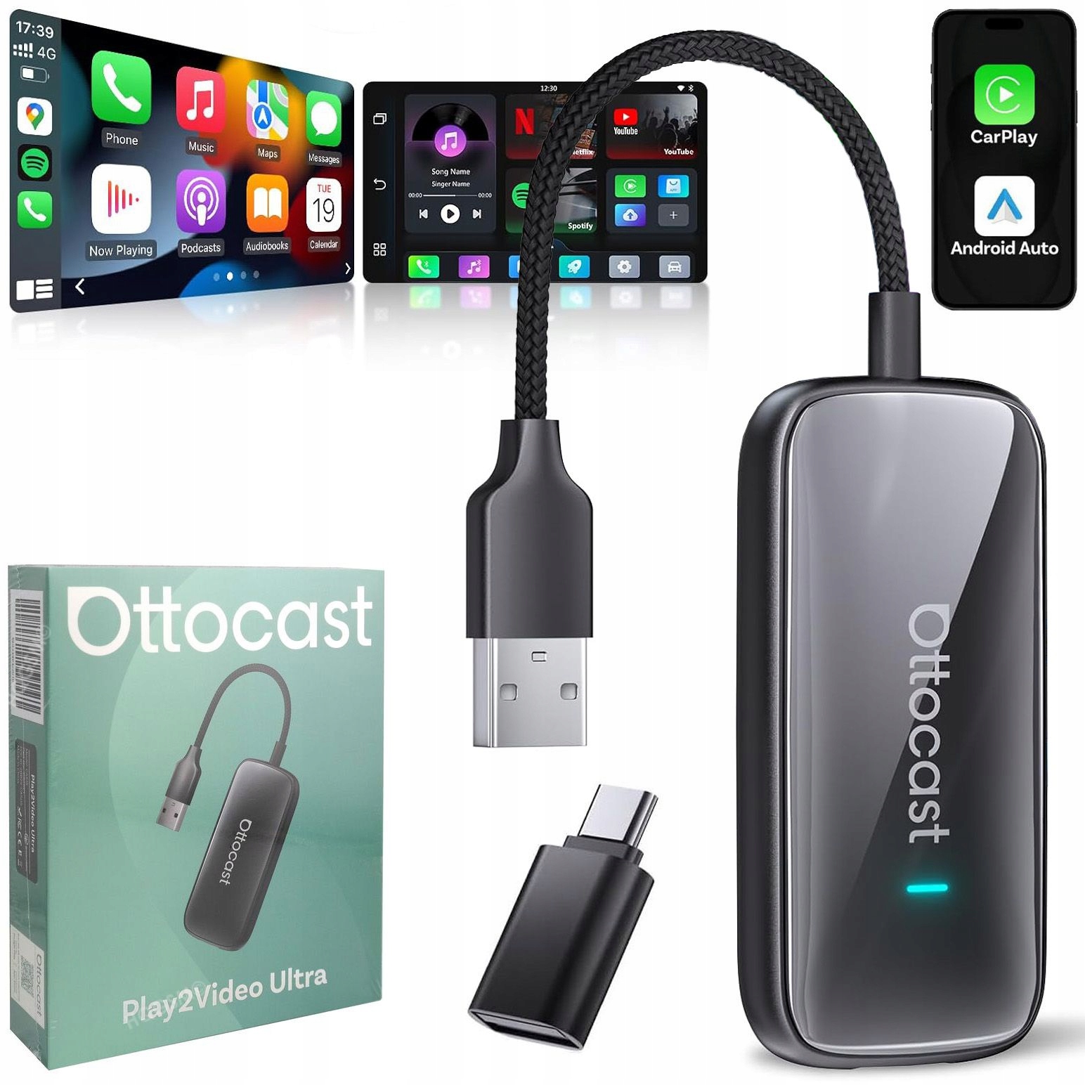 Bezprzewodowy Adapter samochodowy OTTOCAST Play2Video CA515-T czarny – Nowoczesne rozwiązanie dla Twojego pojazdu