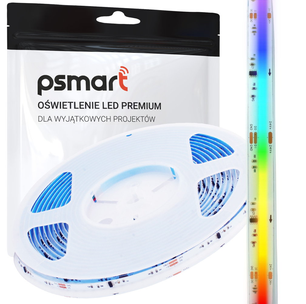 PSMART Cyfrowa Taśma LED COB 24V WS2811 RGBIC IP20 10mm 720 Led/m 5m – Nowoczesne oświetlenie do Twojego domu