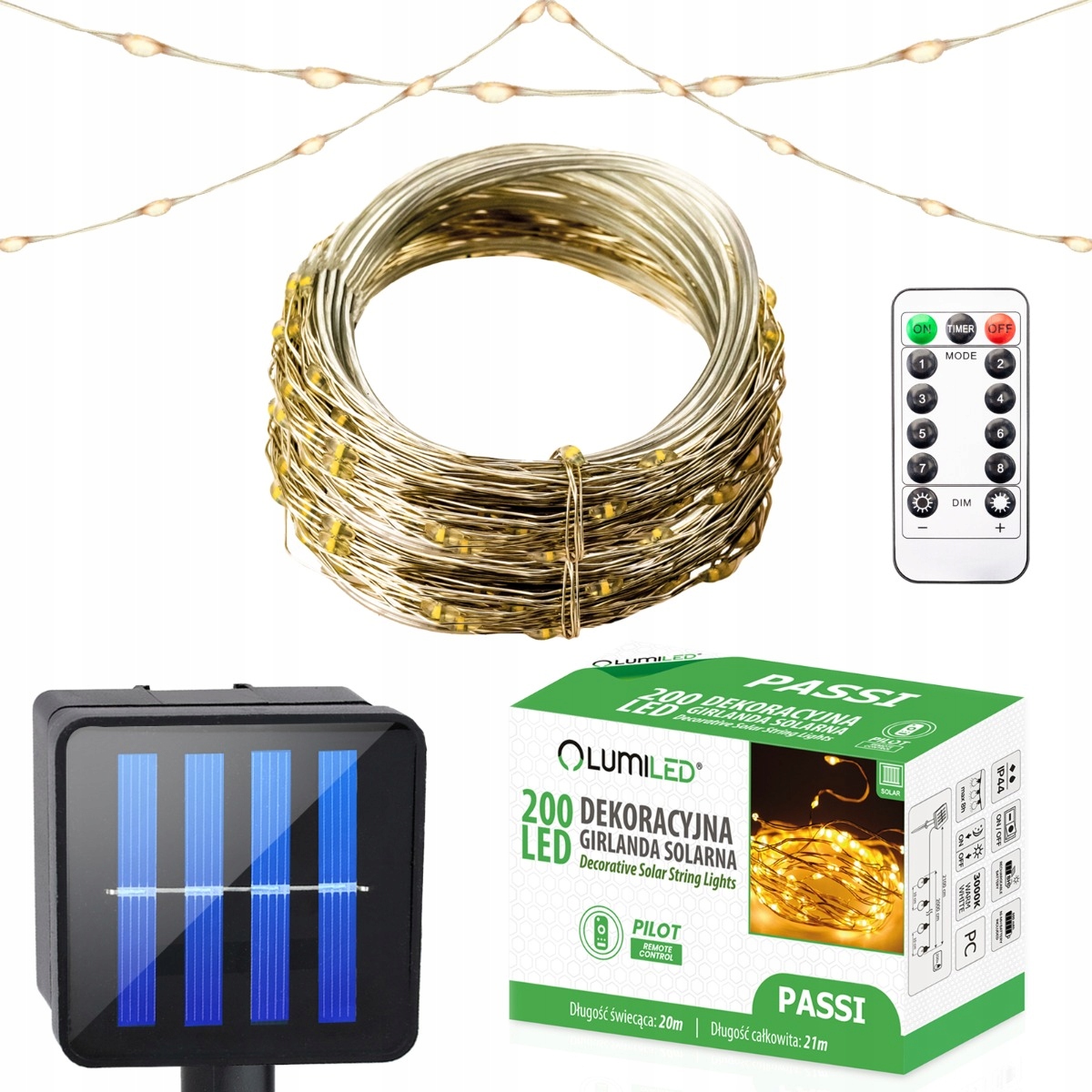 Girlanda Solarna Ogrodowa 200x LED Ozdobna 21m Ciepła 3000K + Pilot PASSI LUMILED