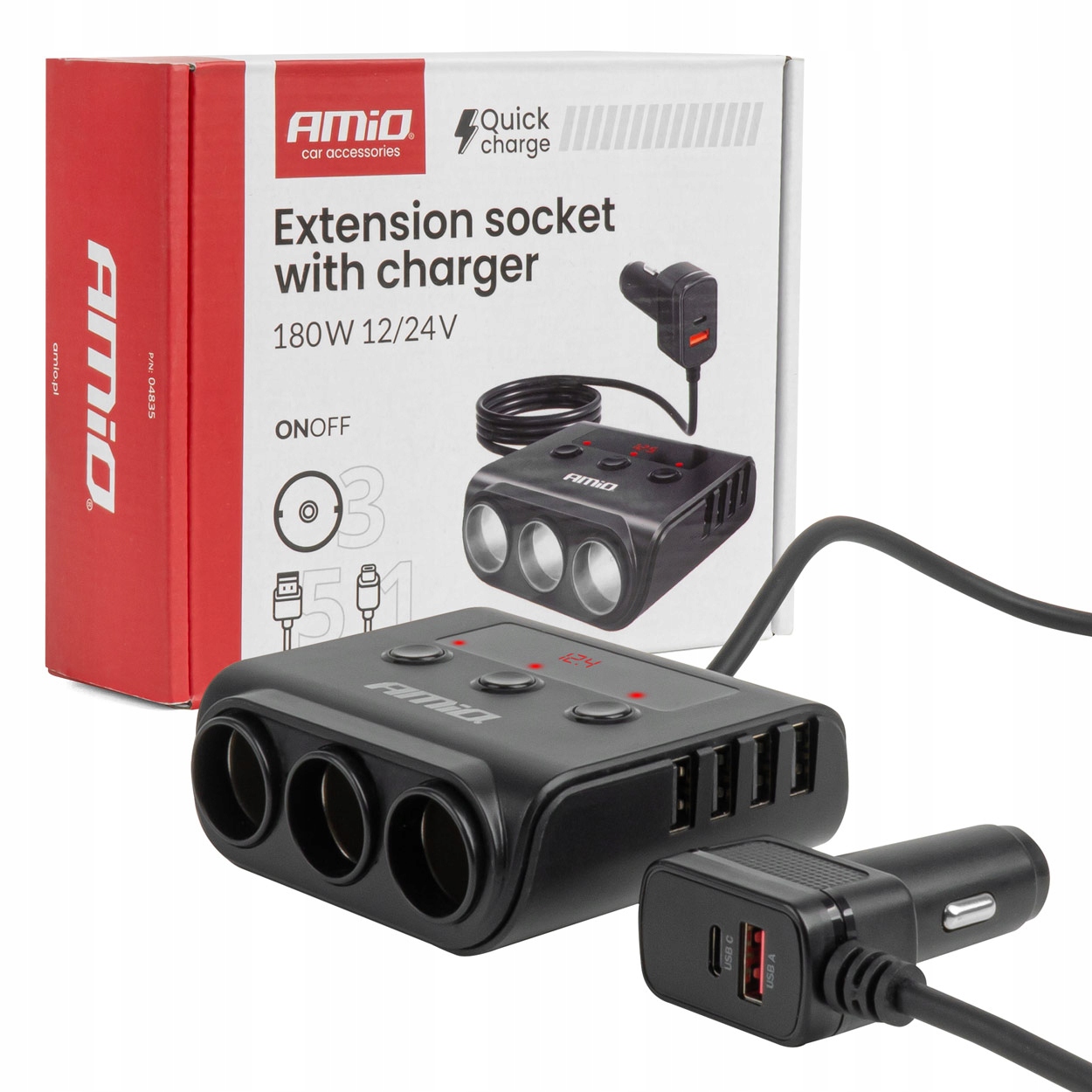 Rozgałęźnik gniazda zapalniczki z ładowarką 4xUSB QC3.0 PD 3.0 180 W AMiO-04835