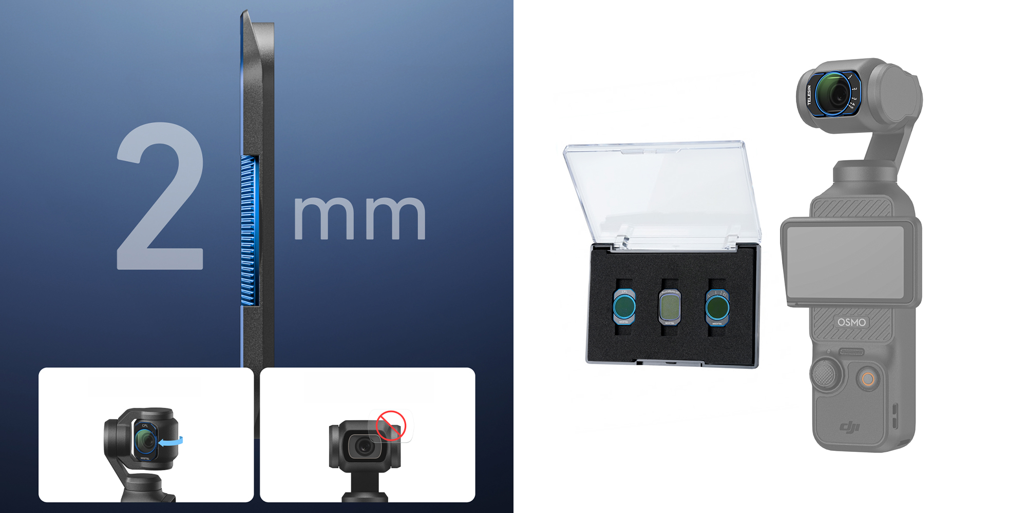 width=100% Zestaw filtrów CPL / VND / Black Mist 1 / 4 Telesin S5-FLT-44-TDJ do kamer DJI Osmo Pocket 4 / 3