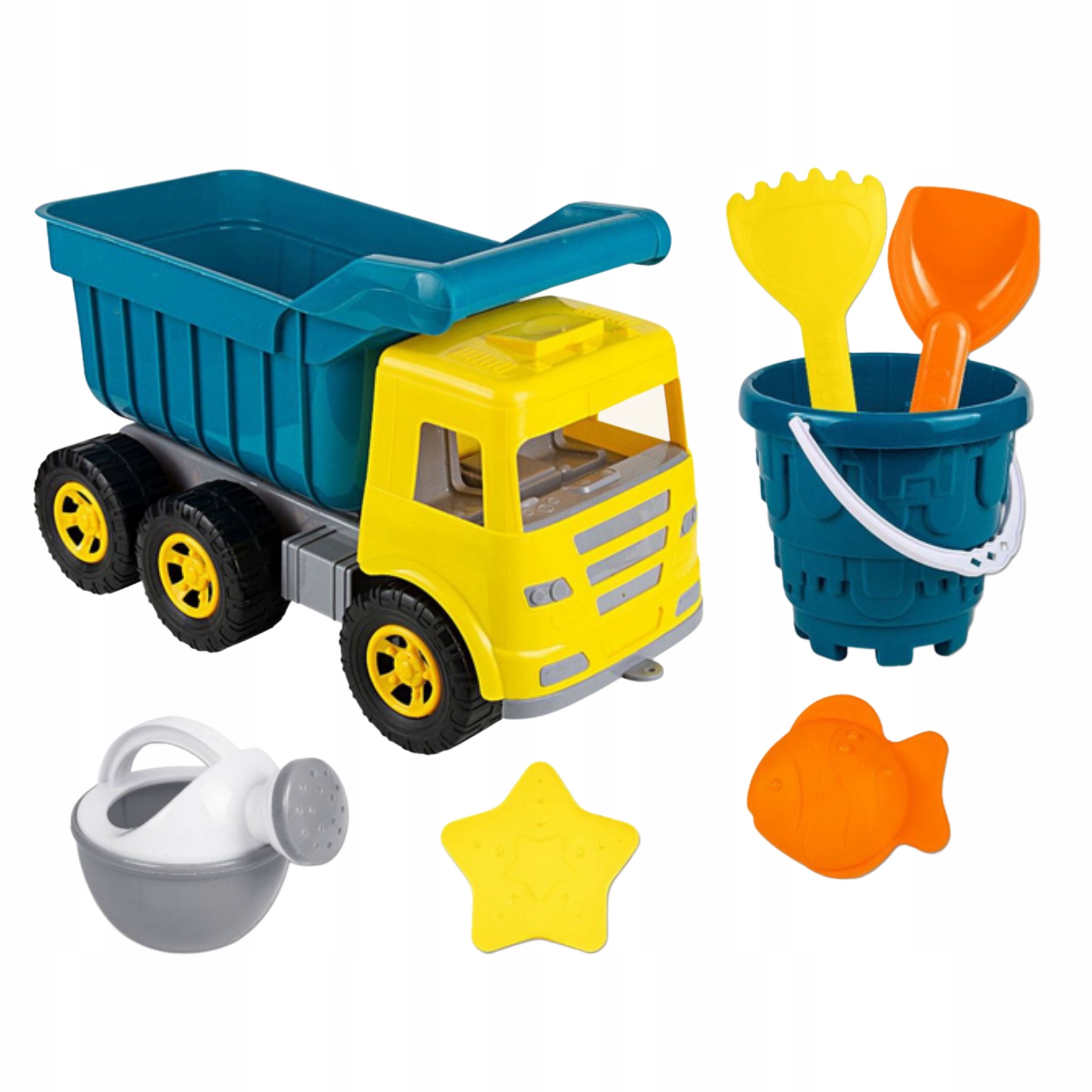Zestaw do piasku piaskownicy – Wywrotka, foremki, konewka, grabie, łopatka, wiaderko 7el.