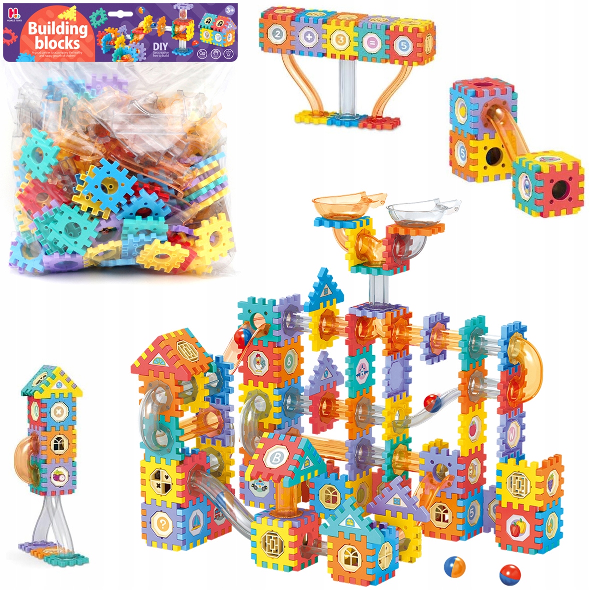 Zestaw zawierający różnorodne klocki i akcesoria