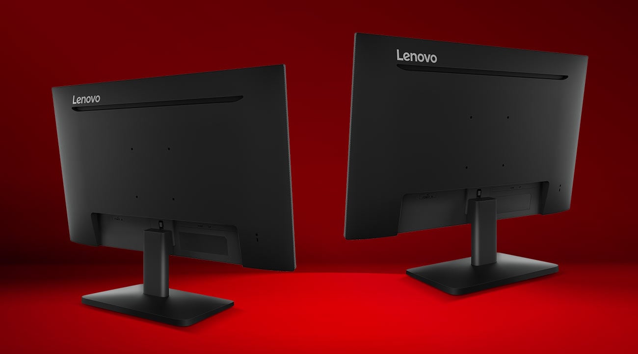 Dwa monitory Lenovo L27qe tyłem