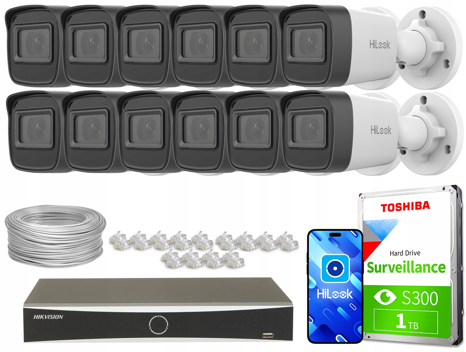 Zestaw zawiera 12 kamer tubowych i dysk twardy Toshiba S300 1TB