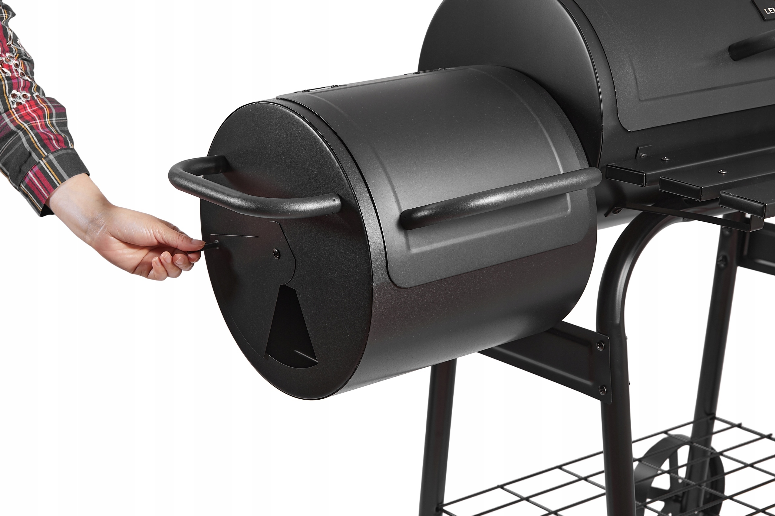 GRILL WĘGLOWY OGRODOWY BECZKA Z WĘDZARNIĄ TERMOMETR DUŻY RUSZT PÓŁKI KOMIN Producent Lehmann