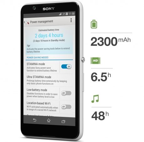 Bateria smartfonu Xperia E4 o pojemności 2330 mAh pozwala cieszyć się filmami i muzyką przez wiele godzin