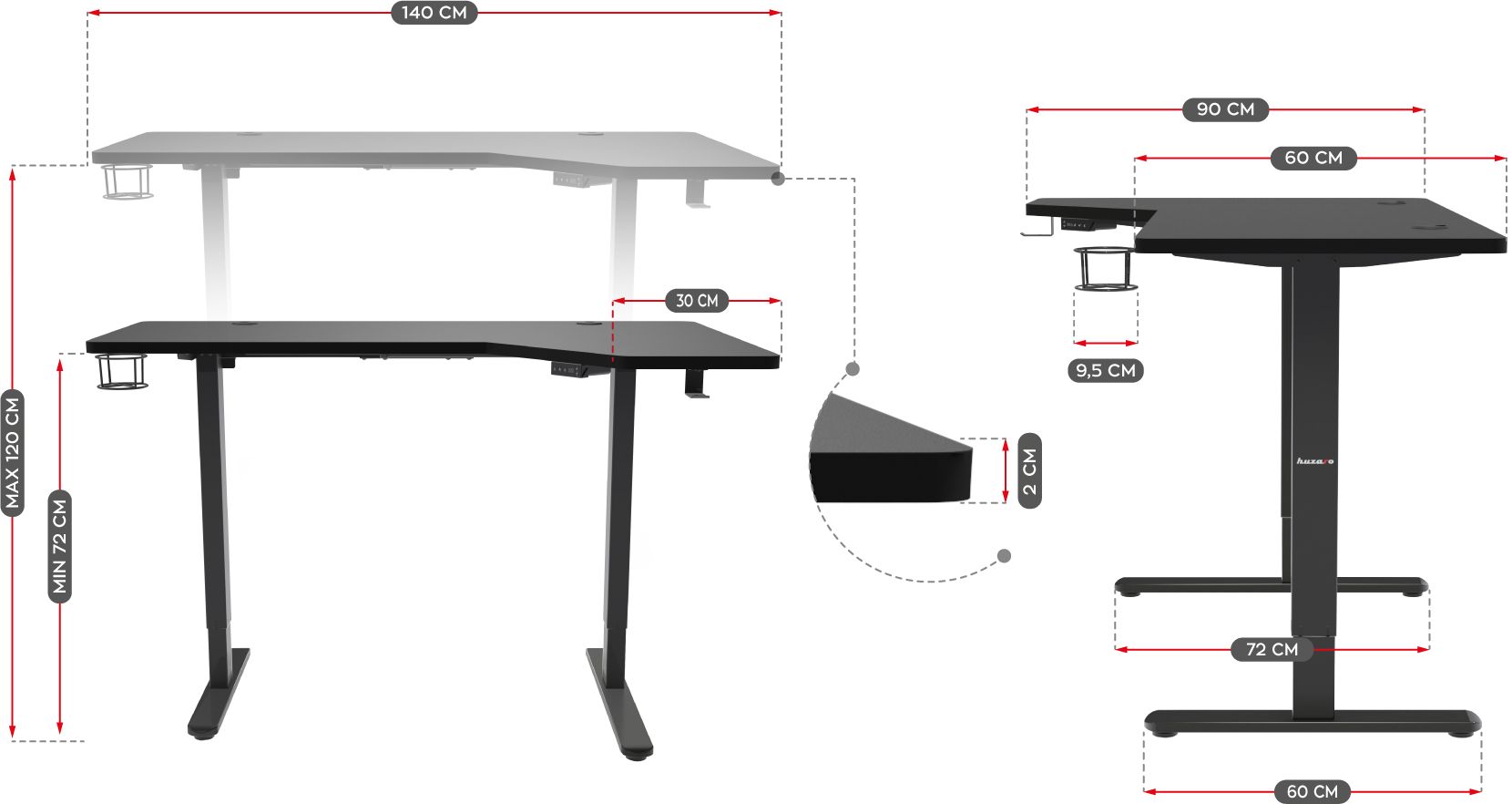 Wymiary biurka elektrycznego Huzaro Hero 9.0